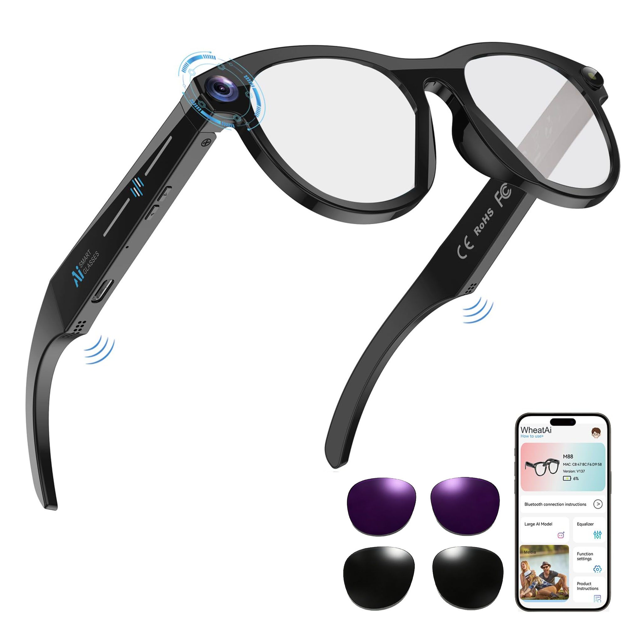 Audio Music Bluetooth - Black Smart Ai Glasses for Men,